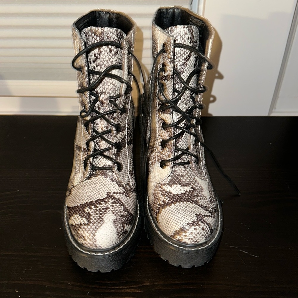 MADDEN GIRL Snakeprint Chunky Heel Lace Up Booties